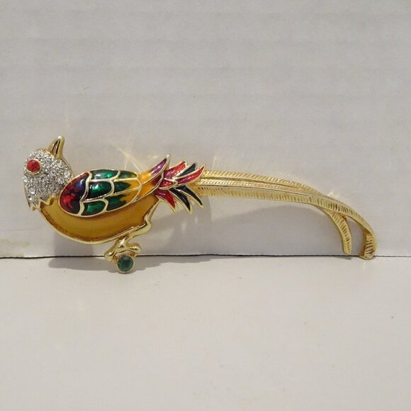PD Premier Designs Tropical Parrot Bird Long Tail Enamel Brooch Pin Vintage - Picture 1 of 5